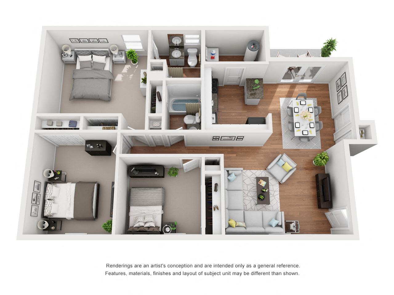 Floor plan for 3 beds, 2 baths, 1175 sqft